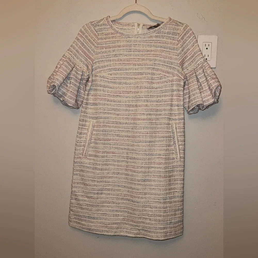 LOFT colorful bouncle Tweed Puff Sleeve Shift Dress - Picture 2 of 7